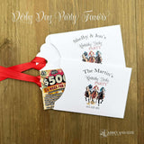 Derby Day Party Favors Lotto , printed on white cardstock and adorned with racing horses these favor are also personalized for you.  Slide a lotto ticket inside to add another layer of fun to your event.  Red ribbon comes attached.