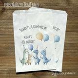 Thanks for Stompling By!  Our dinosaur treat bags are sure to be a hit, adorned with cute dinosuars with hats and balloons to celebrate the honoree.  Personalized with the childs name and birthday year.  Printed on white bags these are colorful and fun!