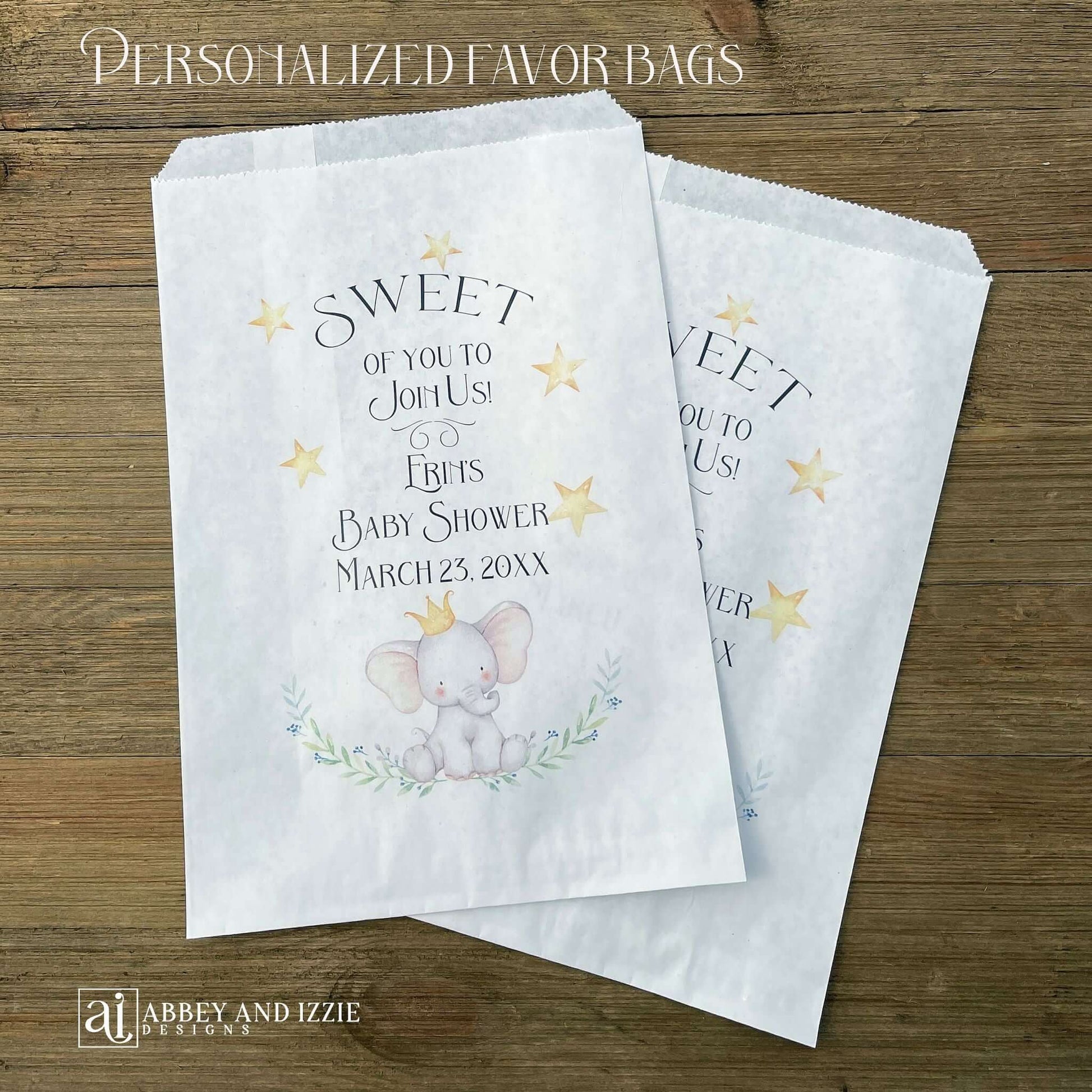  Elephant Baby Shower Bags, Printed with Sweet of you to join us and a cute elephant.  Perfect for cookie bags, candy buffet bags or sweet treats