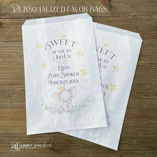  Elephant Baby Shower Bags, Printed with Sweet of you to join us and a cute elephant.  Perfect for cookie bags, candy buffet bags or sweet treats