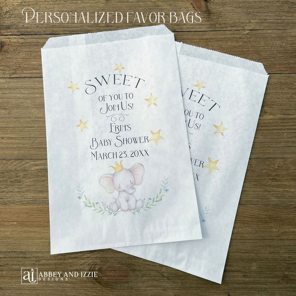 Personalized elephant baby shower favor bags.  Printed with Sweet of you to join us and a cute elephant.  Perfect for cookie bags, candy buffet bags or sweet treats