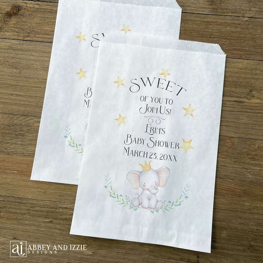  Elephant Baby Shower Bags, Printed with Sweet of you to join us and a cute elephant.  Perfect for cookie bags, candy buffet bags or sweet treats