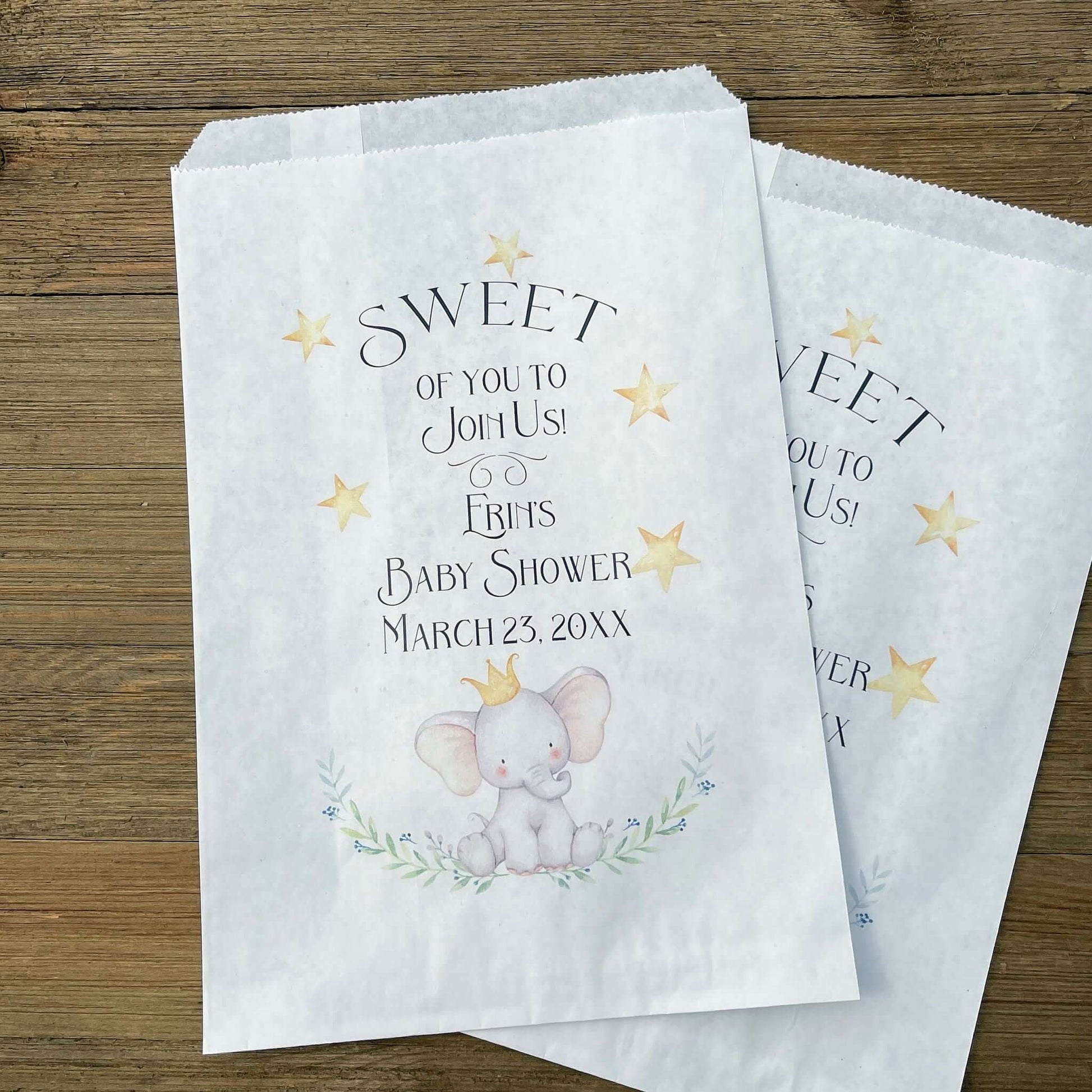  Elephant Baby Shower Bags, Printed with Sweet of you to join us and a cute elephant.  Perfect for cookie bags, candy buffet bags or sweet treats