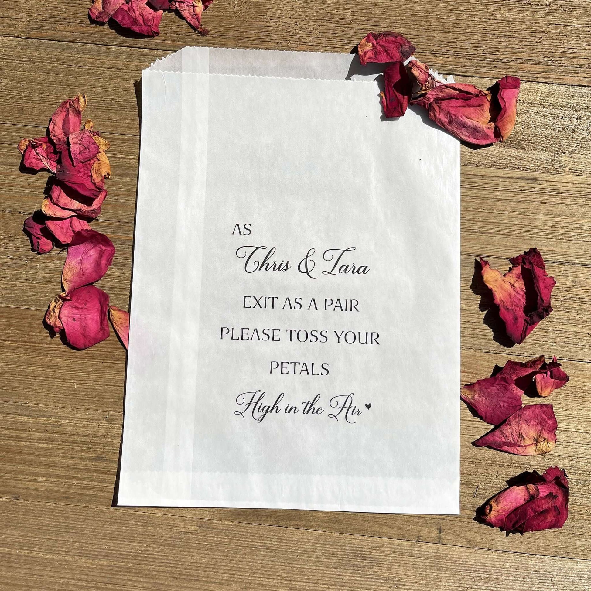 Personalized Wedding Toss Bags personalized for that special touch.  Glassine bags for a more elegant feel, fill them with flower petals, rose petals, lavender, rice or confetti.  Toss at the newlyweds as they exit.