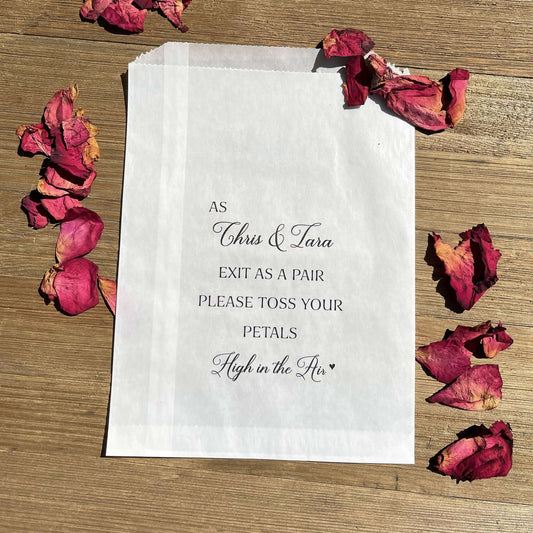  Personalized Wedding Toss Bags personalized for that special touch.  Glassine bags for a more elegant feel, fill them with flower petals, rose petals, lavender, rice or confetti.  Toss at the newlyweds as they exit.