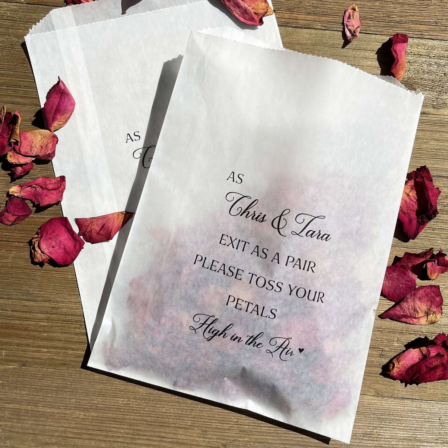  Personalized Wedding Toss Bags personalized for that special touch.  Glassine bags for a more elegant feel, fill them with flower petals, rose petals, lavender, rice or confetti.  Toss at the newlyweds as they exit.