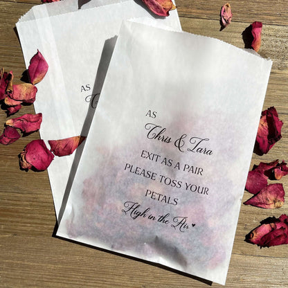  Personalized Wedding Toss Bags personalized for that special touch.  Glassine bags for a more elegant feel, fill them with flower petals, rose petals, lavender, rice or confetti.  Toss at the newlyweds as they exit.