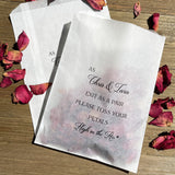 Wedding petal toss bags personalized for that special touch.  Glassine bags for a more elegant feel, fill them with flower petals, rose petals, lavender, rice or confetti.  Toss at the newlyweds as they exit.