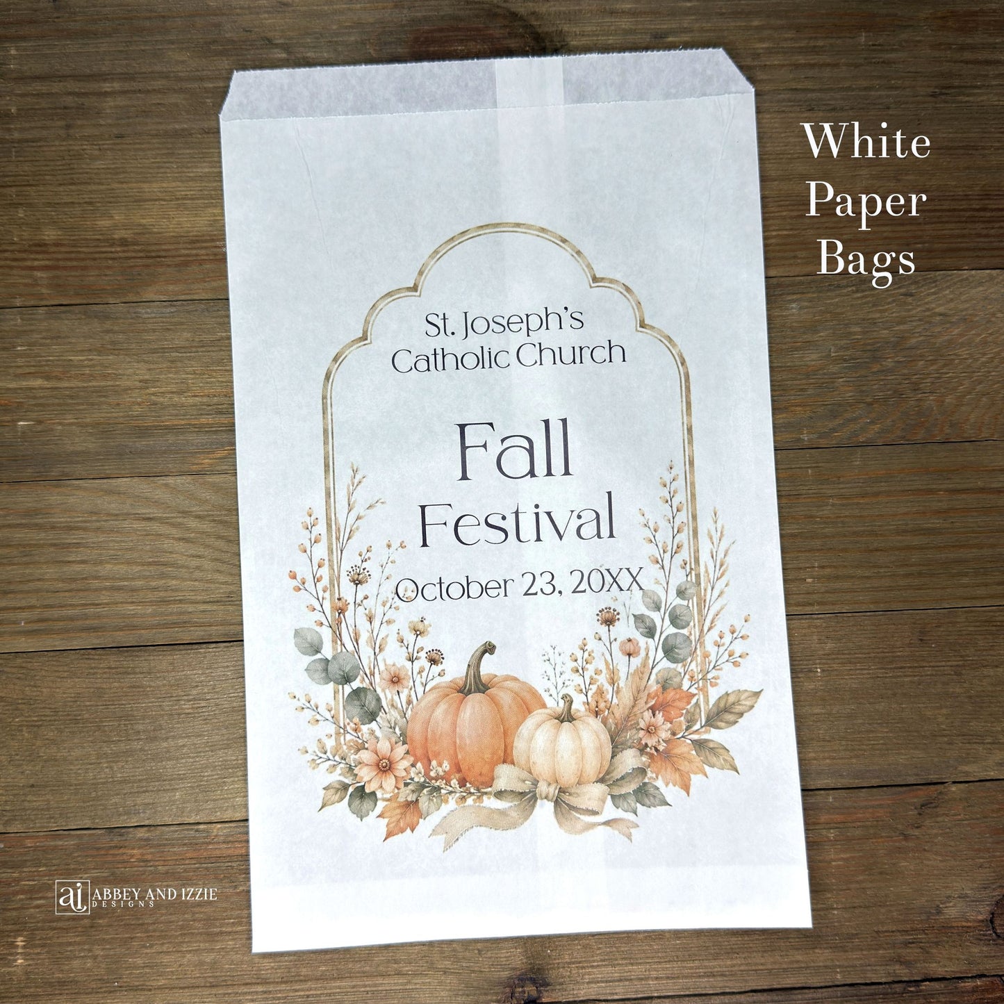 Perfect for autumn celebrations, these personalized Fall Festival and Fall Gathering bags add a custom touch to your event favors. Each bag can be customized with names, dates, or messages to create memorable keepsakes for guests.  Your choice of white paper bags or glassine bags.