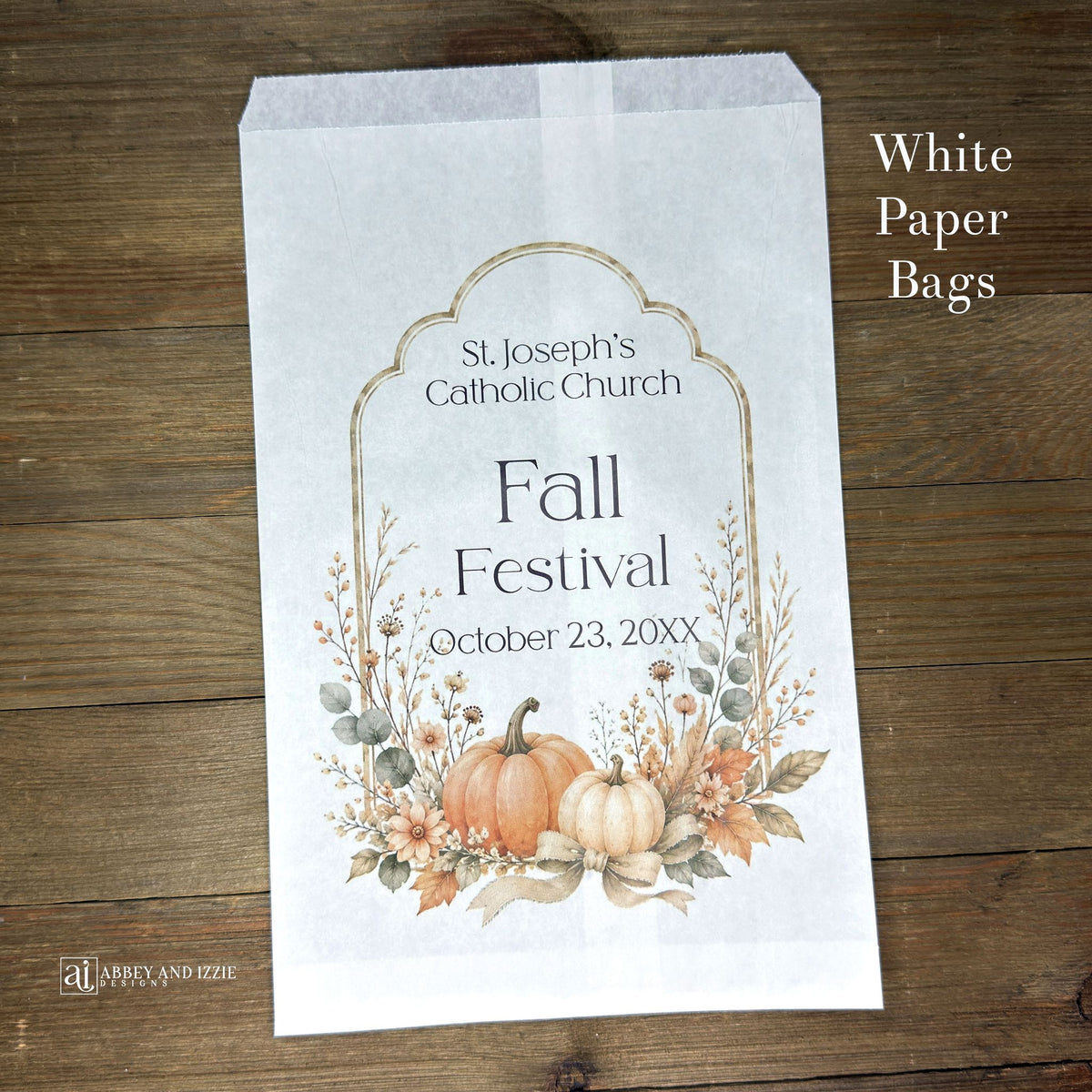 Perfect for autumn celebrations, these personalized Fall Festival and Fall Gathering bags add a custom touch to your event favors. Each bag can be customized with names, dates, or messages to create memorable keepsakes for guests.  Your choice of white paper bags or glassine bags.