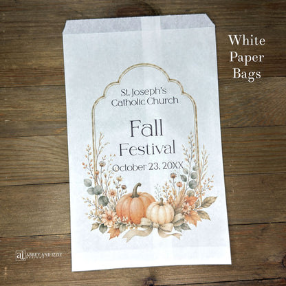Perfect for autumn celebrations, these personalized Fall Festival and Fall Gathering bags add a custom touch to your event favors. Each bag can be customized with names, dates, or messages to create memorable keepsakes for guests.  Your choice of white paper bags or glassine bags.