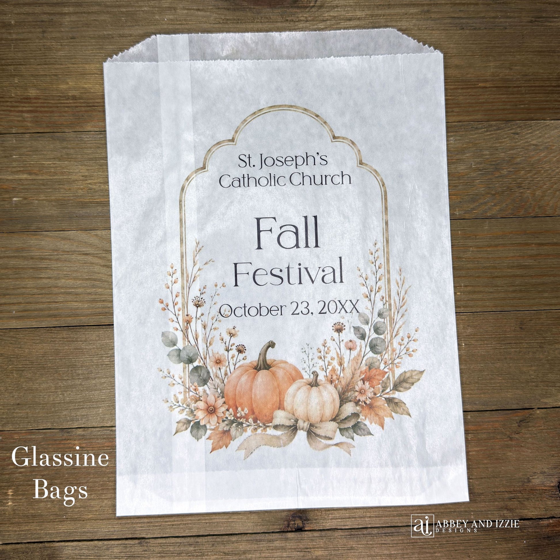 Perfect for autumn celebrations, these personalized Fall Festival and Fall Gathering bags add a custom touch to your event favors. Each bag can be customized with names, dates, or messages to create memorable keepsakes for guests.  Your choice of white paper bags or glassine bags.