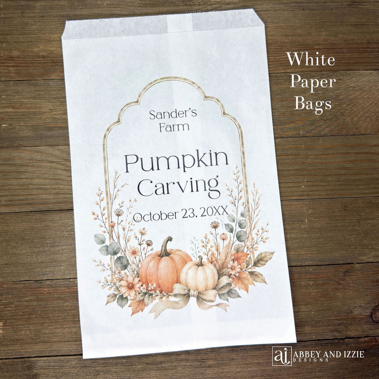 Perfect for autumn celebrations, these personalized Fall Festival and Fall Gathering bags add a custom touch to your event favors. Each bag can be customized with names, dates, or messages to create memorable keepsakes for guests.  Your choice of white paper bags or glassine bags.