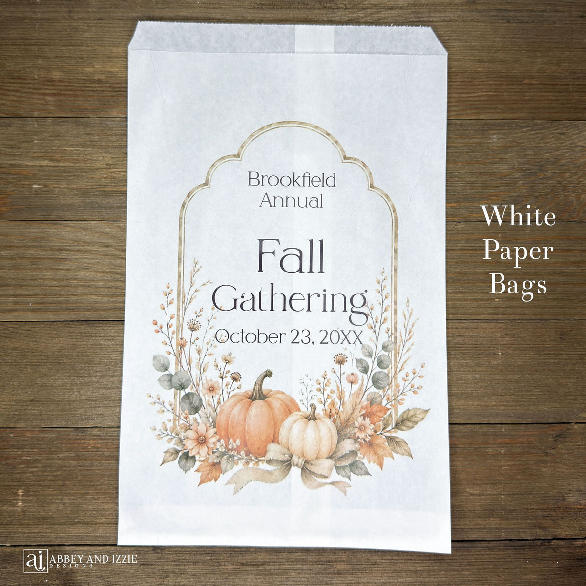 Perfect for autumn celebrations, these personalized Fall Festival and Fall Gathering bags add a custom touch to your event favors. Each bag can be customized with names, dates, or messages to create memorable keepsakes for guests.  Your choice of white paper bags or glassine bags.