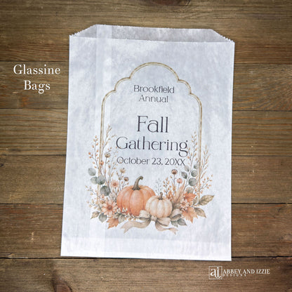 Perfect for autumn celebrations, these personalized Fall Festival and Fall Gathering bags add a custom touch to your event favors. Each bag can be customized with names, dates, or messages to create memorable keepsakes for guests.  Your choice of white paper bags or glassine bags.