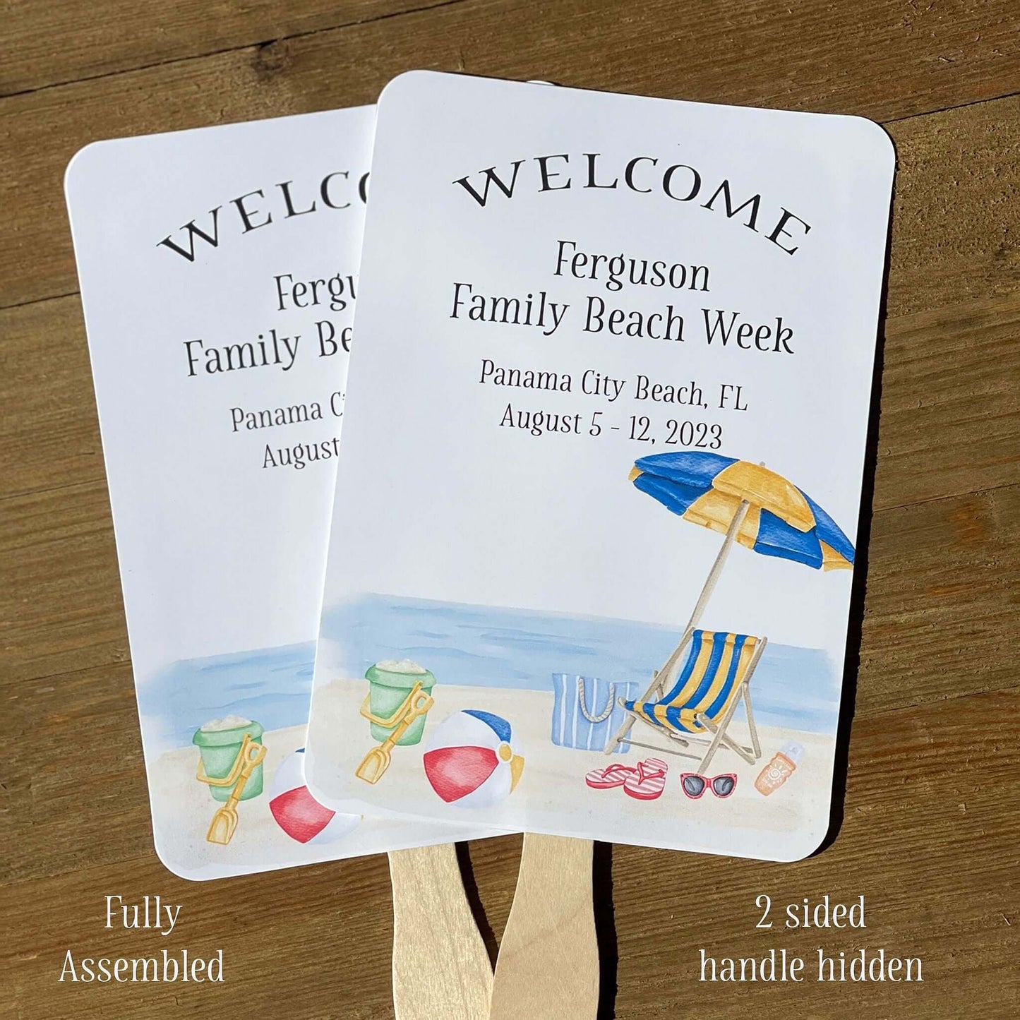 Beach Week Reunion Favor Fans, personalized for the family and such a wonderful keepsake to take home.  Fans come fully assembled, two sided with handle hidden between.  Adorned with a beautiful beach scene. 
