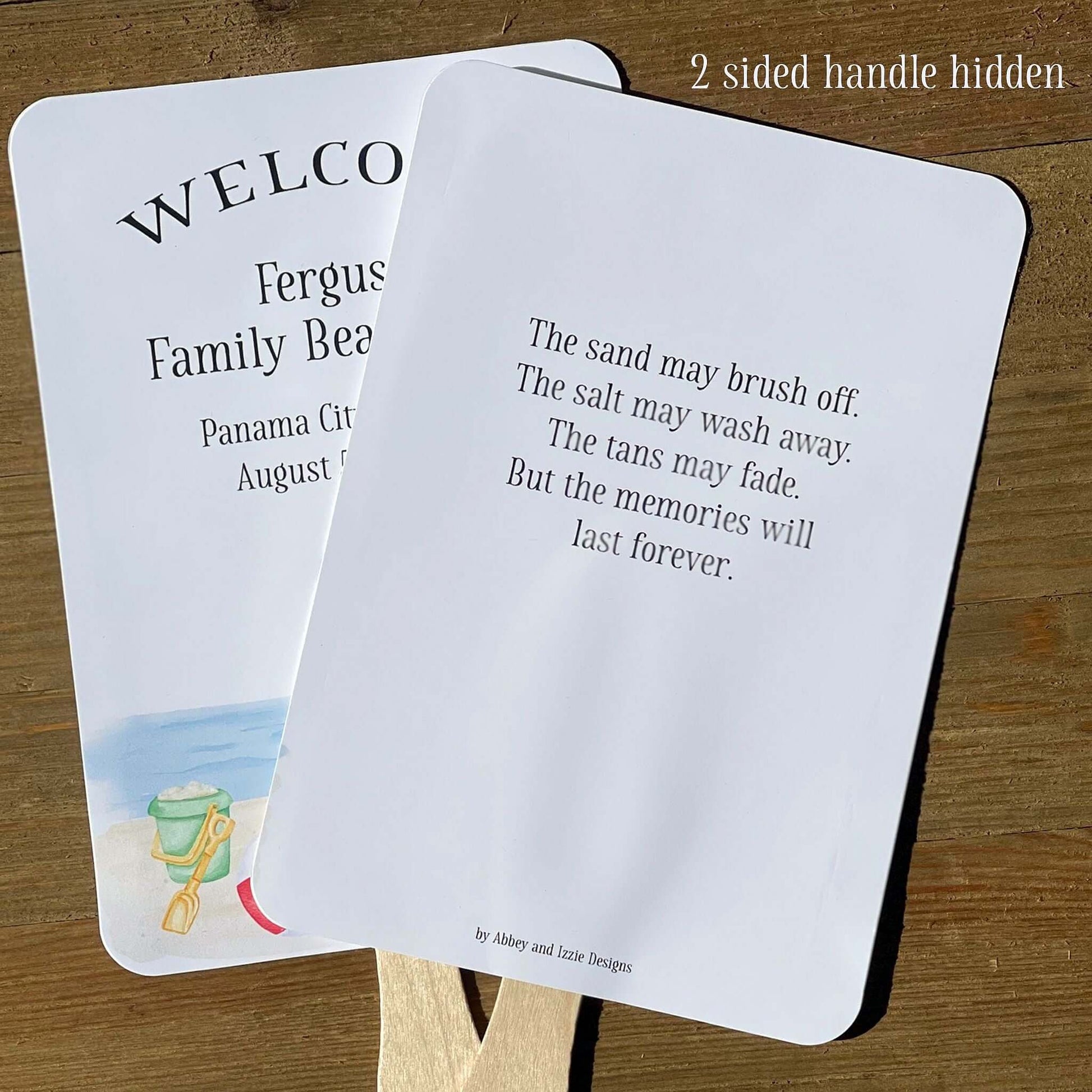 Beach Week Reunion Favor Fans, personalized for the family and such a wonderful keepsake to take home. Fans come fully assembled, two sided with handle hidden between. Adorned with a beautiful beach scene.
