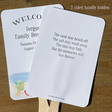 Family beach week favor fans, personalized for the family and such a wonderful keepsake to take home. Fans come fully assembled, two sided with handle hidden between. Adorned with a beautiful beach scene.