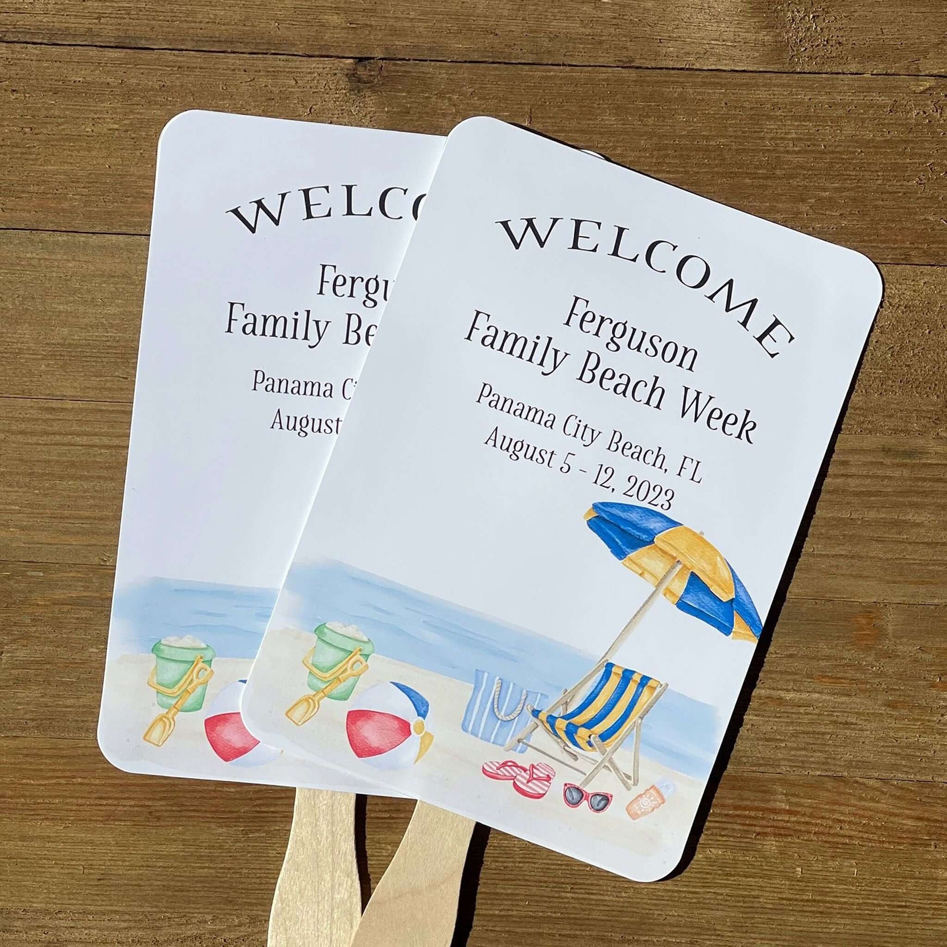 Beach Week Reunion Favor Fans, personalized for the family and such a wonderful keepsake to take home. Fans come fully assembled, two sided with handle hidden between. Adorned with a beautiful beach scene.