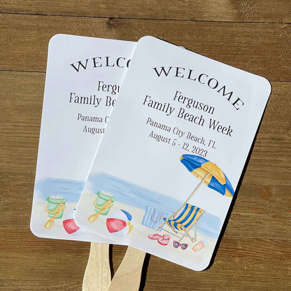 Beach Week Reunion Favor Fans, personalized for the family and such a wonderful keepsake to take home. Fans come fully assembled, two sided with handle hidden between. Adorned with a beautiful beach scene.