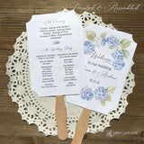 Elevate your wedding ceremony with these elegant blue hydrangea wedding program fans. Designed to keep guests comfortable and informed, each fan features delicate hydrangea artwork in soothing blue tones printed on white card stock.  Fans are two sided with wooden handle hidden between and ship to you assembled.