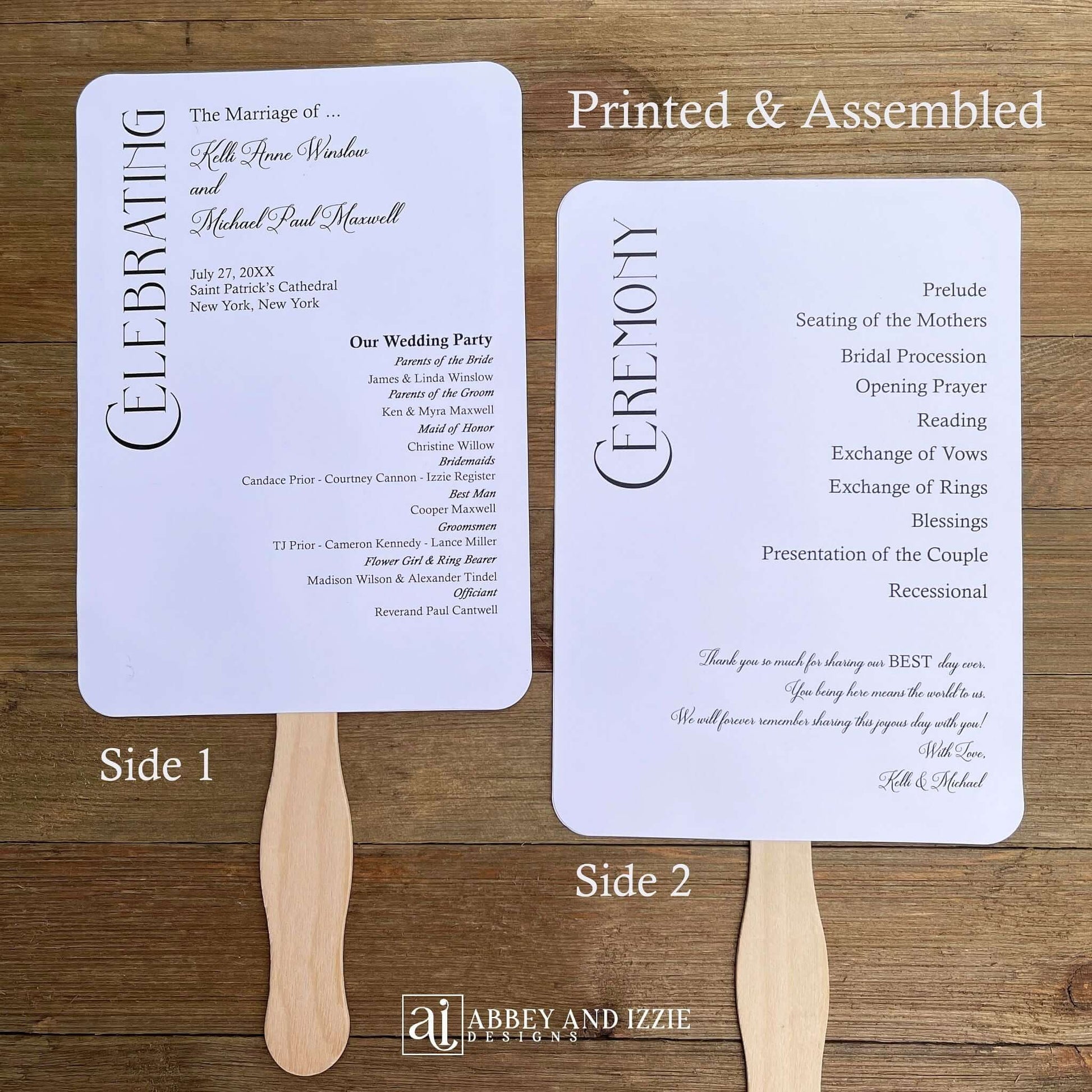 Modern wedding program fans, keep your guests cool and comfortable plus a keepsake to take home. Program fans are printed on white card stock, two sided with the wedding party on one side and the ceremony on the other.