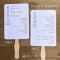 Modern wedding program fans, keep your guests cool and comfortable plus a keepsake to take home. Program fans are printed on white card stock, two sided with the wedding party on one side and the ceremony on the other.