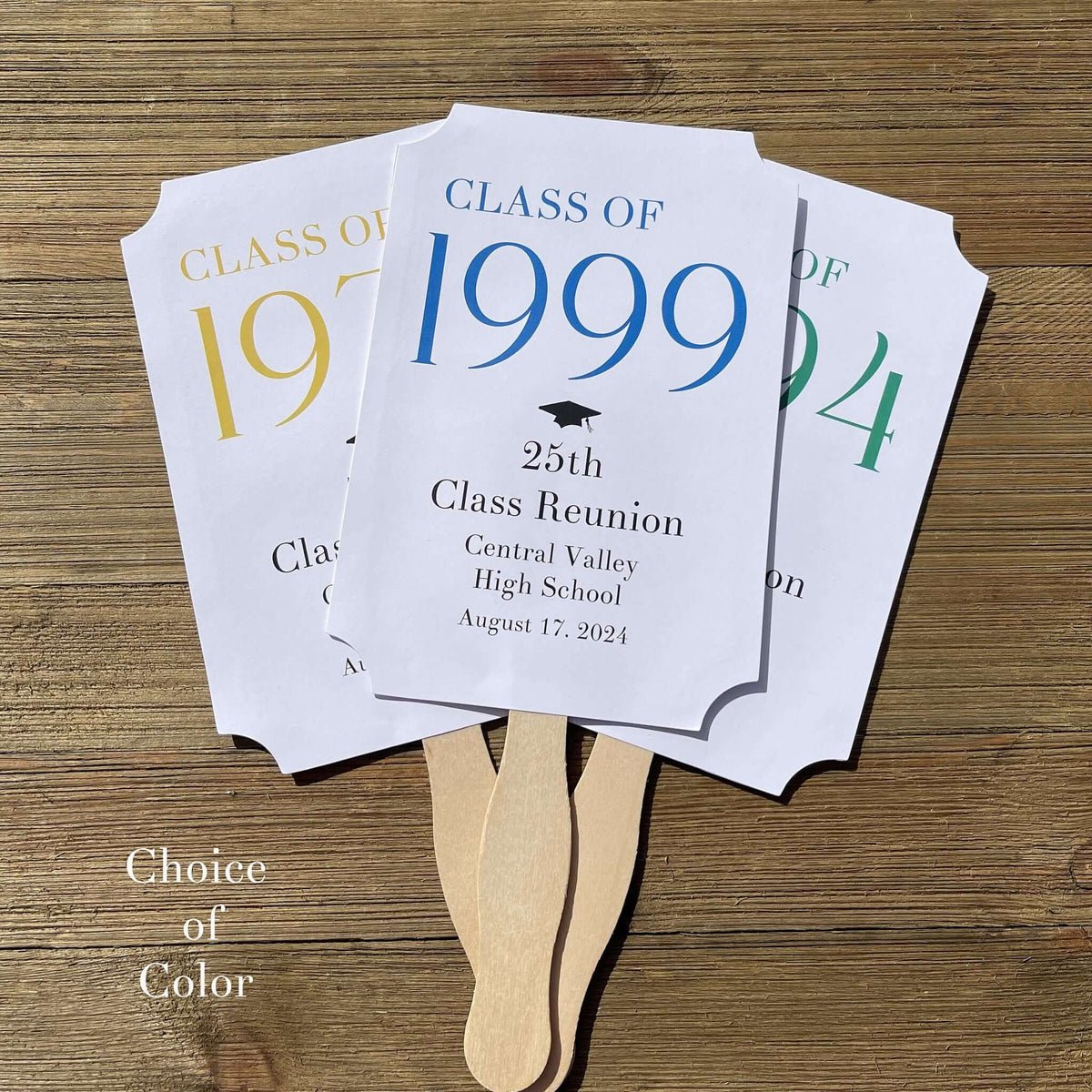Class Reunion Favor Fans Personalized that can be made for any reunion year. Personalized with the reunion year, school and date this will make a fun keepsake to take home from the reunion. Printed on white card stock they come assembled, 2 sided with handle hidden between.