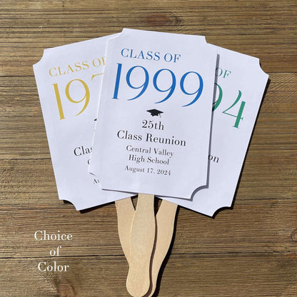 Class Reunion Favor Fans Personalized that can be made for any reunion year. Personalized with the reunion year, school and date this will make a fun keepsake to take home from the reunion. Printed on white card stock they come assembled, 2 sided with handle hidden between.
