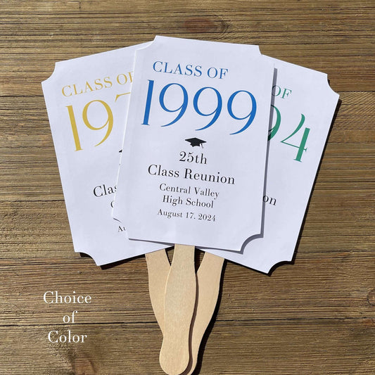 Class Reunion Favor Fans Personalized that can be made for any reunion year. Personalized with the reunion year, school and date this will make a fun keepsake to take home from the reunion. Printed on white card stock they come assembled, 2 sided with handle hidden between.