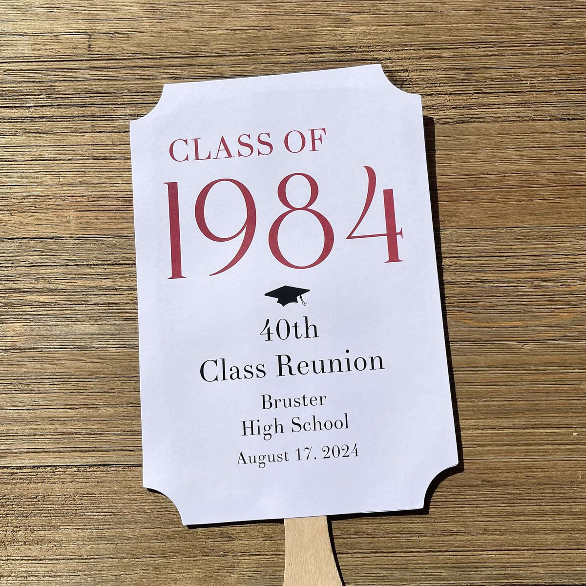 Class Reunion Favor Fans Personalized that can be made for any reunion year. Personalized with the reunion year, school and date this will make a fun keepsake to take home from the reunion. Printed on white card stock they come assembled, 2 sided with handle hidden between.