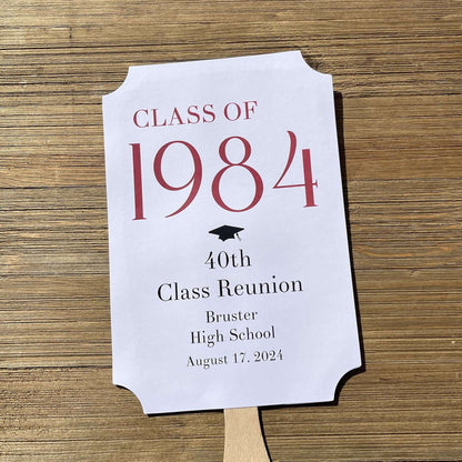 Class Reunion Favor Fans Personalized that can be made for any reunion year. Personalized with the reunion year, school and date this will make a fun keepsake to take home from the reunion. Printed on white card stock they come assembled, 2 sided with handle hidden between.
