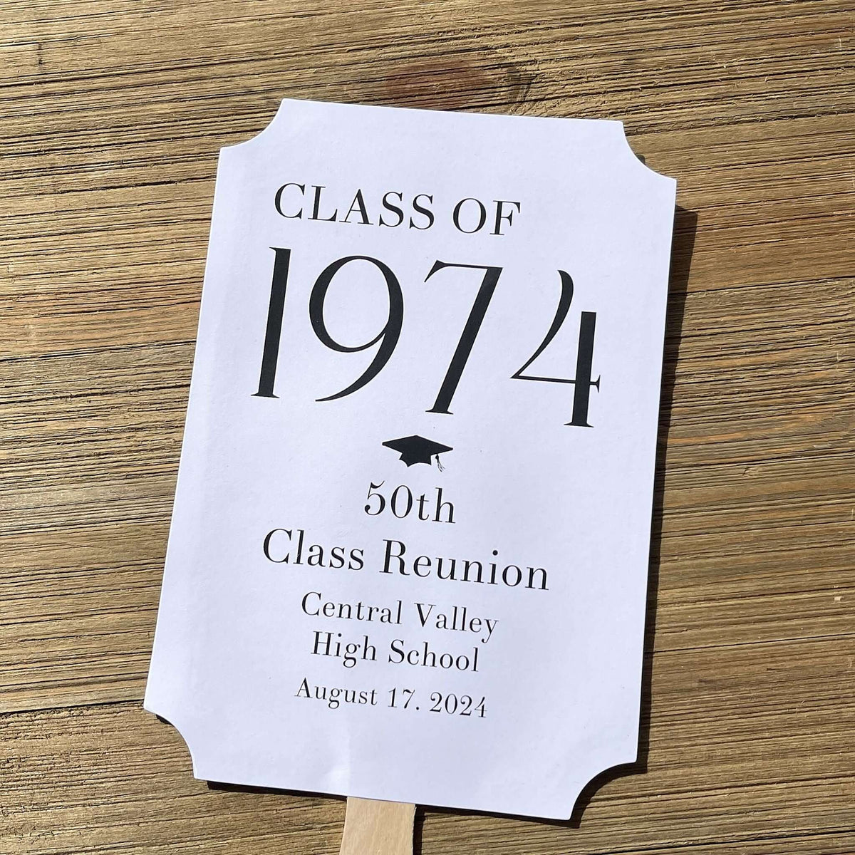 Class Reunion Favor Fans Personalized that can be made for any reunion year. Personalized with the reunion year, school and date this will make a fun keepsake to take home from the reunion. Printed on white card stock they come assembled, 2 sided with handle hidden between.