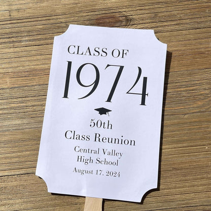 Class Reunion Favor Fans Personalized that can be made for any reunion year. Personalized with the reunion year, school and date this will make a fun keepsake to take home from the reunion. Printed on white card stock they come assembled, 2 sided with handle hidden between.