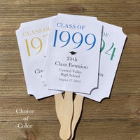 Class reunion favor fans that can be made for any reunion year. Personalized with the reunion year, school and date this will make a fun keepsake to take home from the reunion. Printed on white card stock they come assembled, 2 sided with handle hidden between.