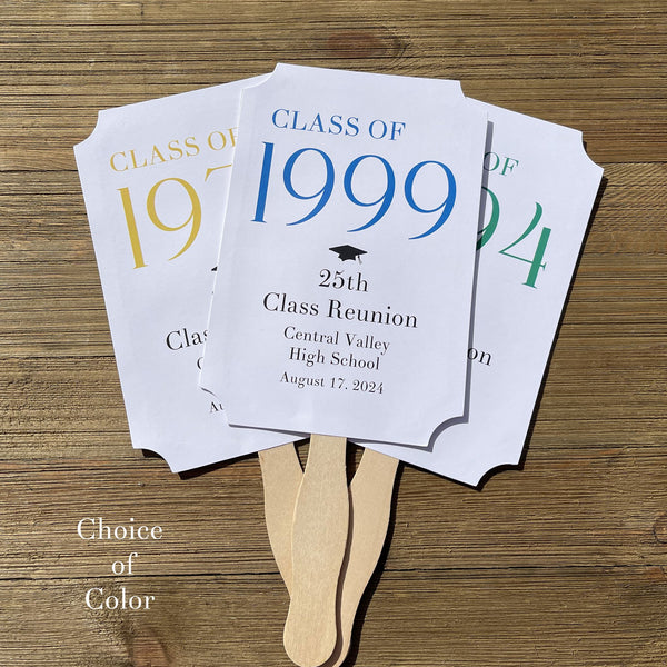 Class reunion favor fans that can be made for any reunion year. Personalized with the reunion year, school and date this will make a fun keepsake to take home from the reunion. Printed on white card stock they come assembled, 2 sided with handle hidden between.