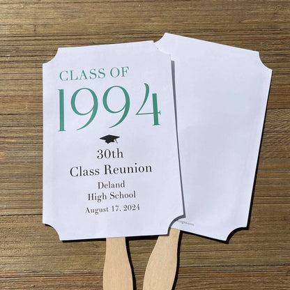 Class Reunion Favor Fans Personalized that can be made for any reunion year. Personalized with the reunion year, school and date this will make a fun keepsake to take home from the reunion. Printed on white card stock they come assembled, 2 sided with handle hidden between.