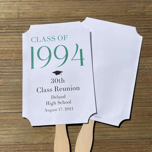 Class Reunion Favor Fans Personalized that can be made for any reunion year. Personalized with the reunion year, school and date this will make a fun keepsake to take home from the reunion. Printed on white card stock they come assembled, 2 sided with handle hidden between.