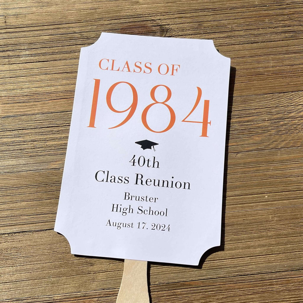 Class Reunion Favor Fans Personalized that can be made for any reunion year. Personalized with the reunion year, school and date this will make a fun keepsake to take home from the reunion. Printed on white card stock they come assembled, 2 sided with handle hidden between.