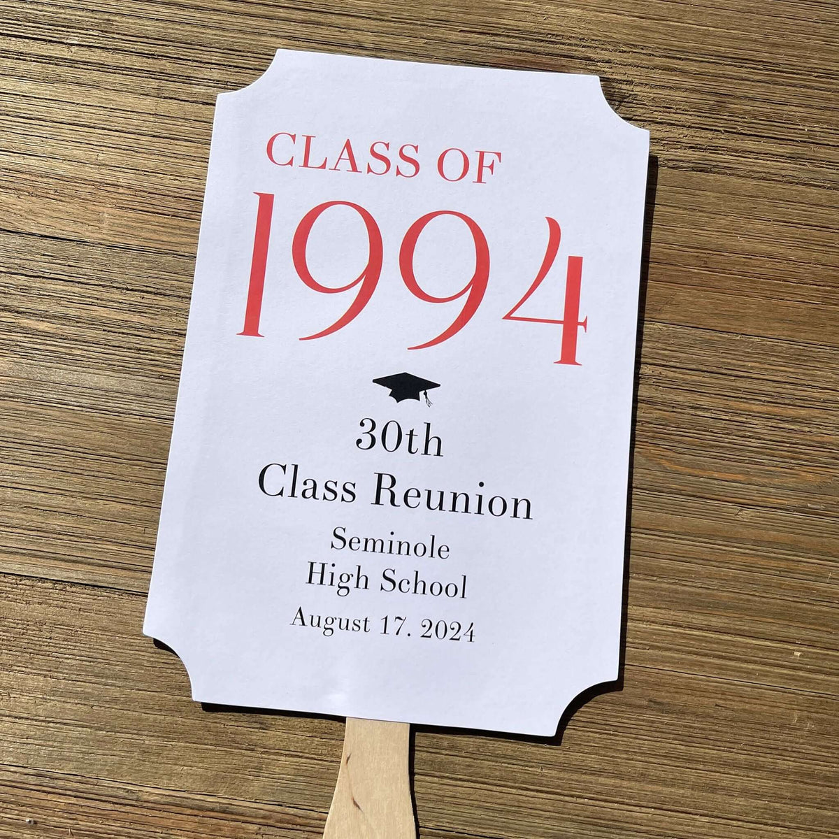 Class Reunion Favor Fans Personalized that can be made for any reunion year. Personalized with the reunion year, school and date this will make a fun keepsake to take home from the reunion. Printed on white card stock they come assembled, 2 sided with handle hidden between.