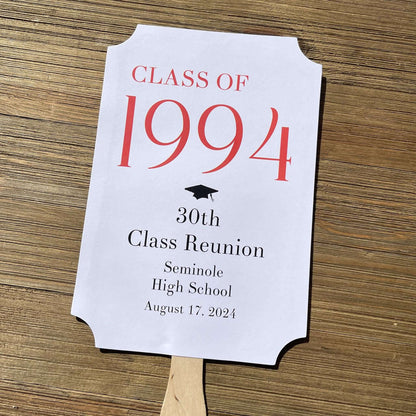 Class Reunion Favor Fans Personalized that can be made for any reunion year. Personalized with the reunion year, school and date this will make a fun keepsake to take home from the reunion. Printed on white card stock they come assembled, 2 sided with handle hidden between.