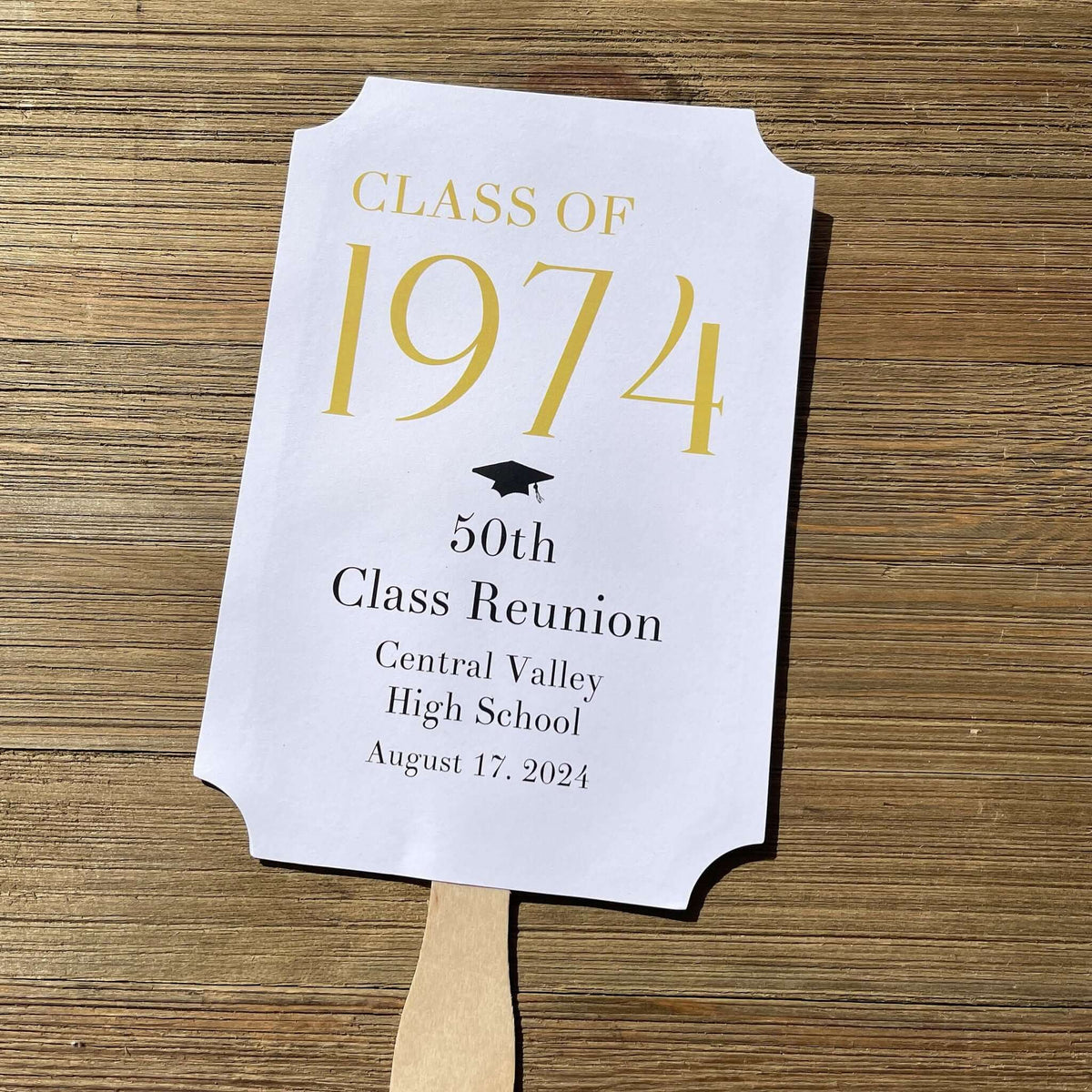 Class Reunion Favor Fans Personalized that can be made for any reunion year. Personalized with the reunion year, school and date this will make a fun keepsake to take home from the reunion. Printed on white card stock they come assembled, 2 sided with handle hidden between.