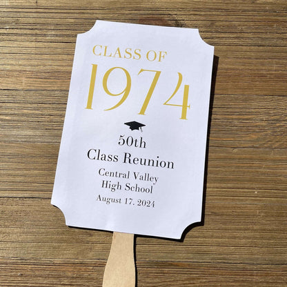 Class Reunion Favor Fans Personalized that can be made for any reunion year. Personalized with the reunion year, school and date this will make a fun keepsake to take home from the reunion. Printed on white card stock they come assembled, 2 sided with handle hidden between.