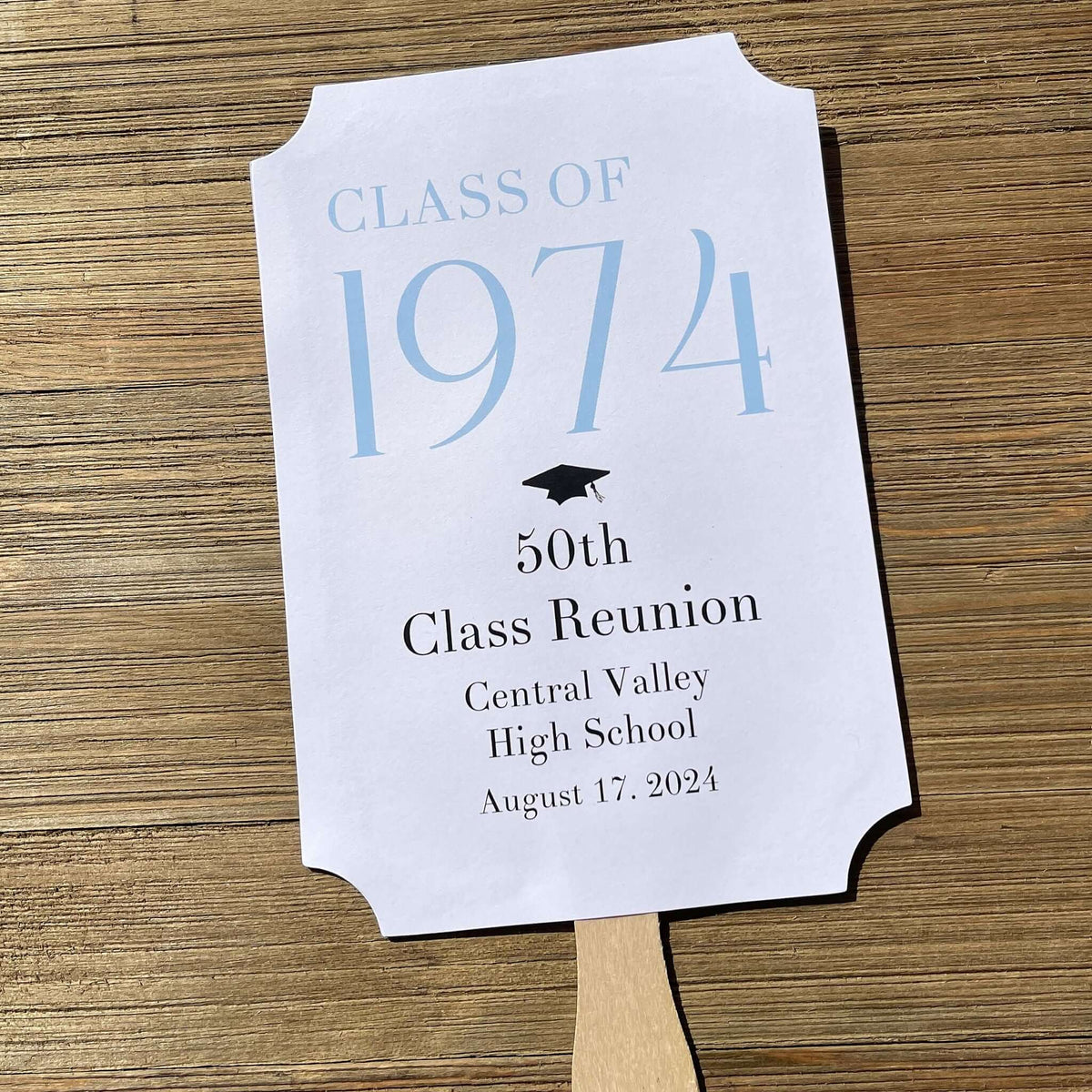 Class Reunion Favor Fans Personalized that can be made for any reunion year. Personalized with the reunion year, school and date this will make a fun keepsake to take home from the reunion. Printed on white card stock they come assembled, 2 sided with handle hidden between.