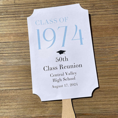 Class Reunion Favor Fans Personalized that can be made for any reunion year. Personalized with the reunion year, school and date this will make a fun keepsake to take home from the reunion. Printed on white card stock they come assembled, 2 sided with handle hidden between.