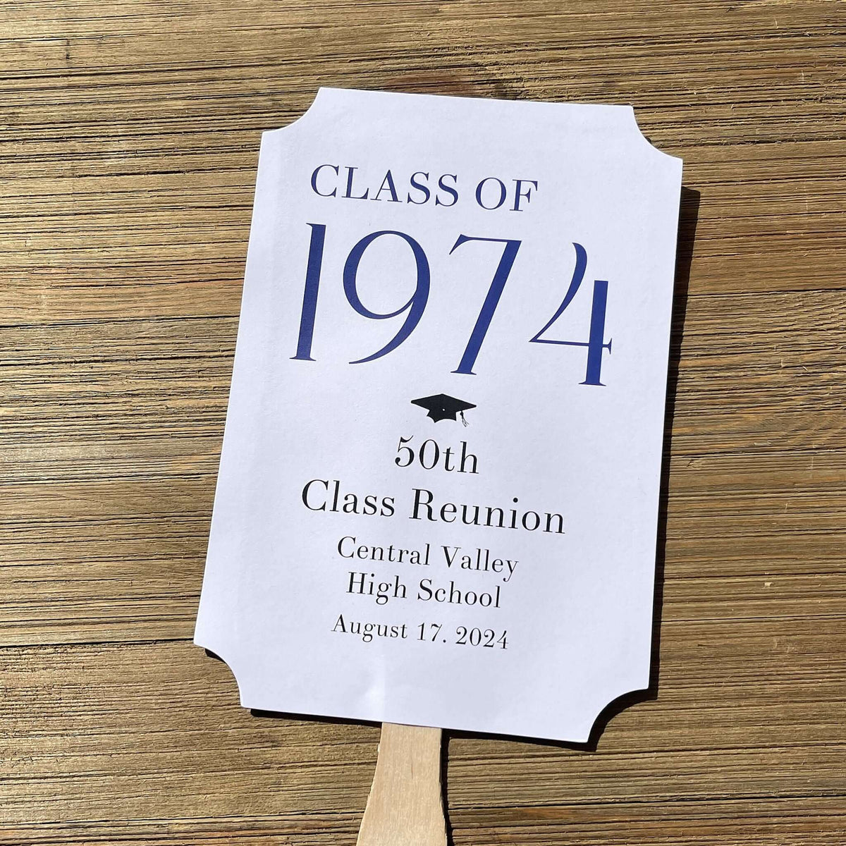 Class Reunion Favor Fans Personalized that can be made for any reunion year. Personalized with the reunion year, school and date this will make a fun keepsake to take home from the reunion. Printed on white card stock they come assembled, 2 sided with handle hidden between.