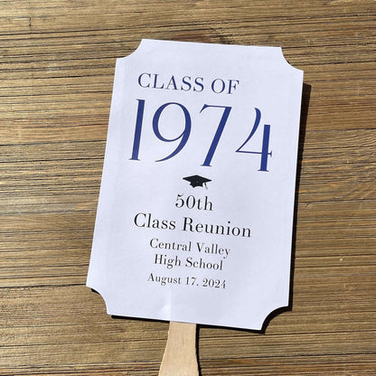 Class Reunion Favor Fans Personalized that can be made for any reunion year. Personalized with the reunion year, school and date this will make a fun keepsake to take home from the reunion. Printed on white card stock they come assembled, 2 sided with handle hidden between.