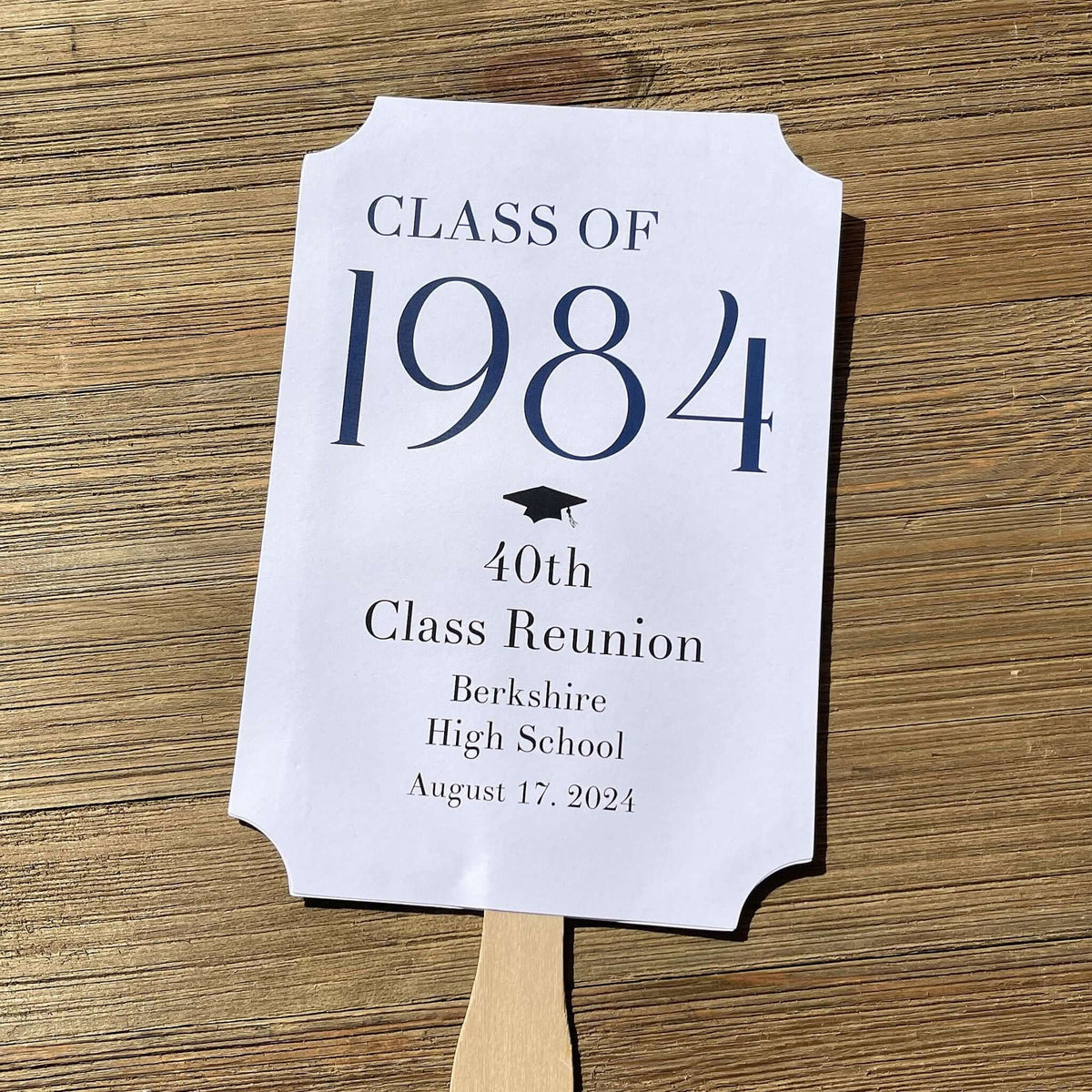 Class Reunion Favor Fans Personalized that can be made for any reunion year. Personalized with the reunion year, school and date this will make a fun keepsake to take home from the reunion. Printed on white card stock they come assembled, 2 sided with handle hidden between.