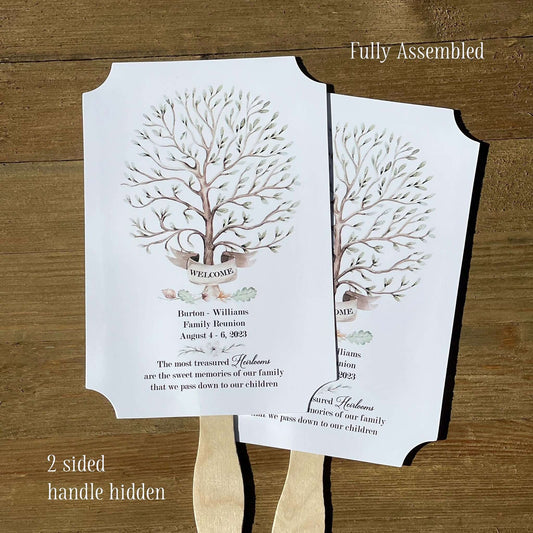 Personalized family reunion fans that ship fully assembled ready for your event.  Printed on white cardstock adorned with a beautiful tree to welcome everyone to the reunion.  Keep everyone cool and comfortable, a great keepsake for everyone to take home from the event.