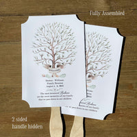 Personalized family reunion fans that ship fully assembled ready for your event.  Printed on white cardstock adorned with a beautiful tree to welcome everyone to the reunion.  Keep everyone cool and comfortable, a great keepsake for everyone to take home from the event.